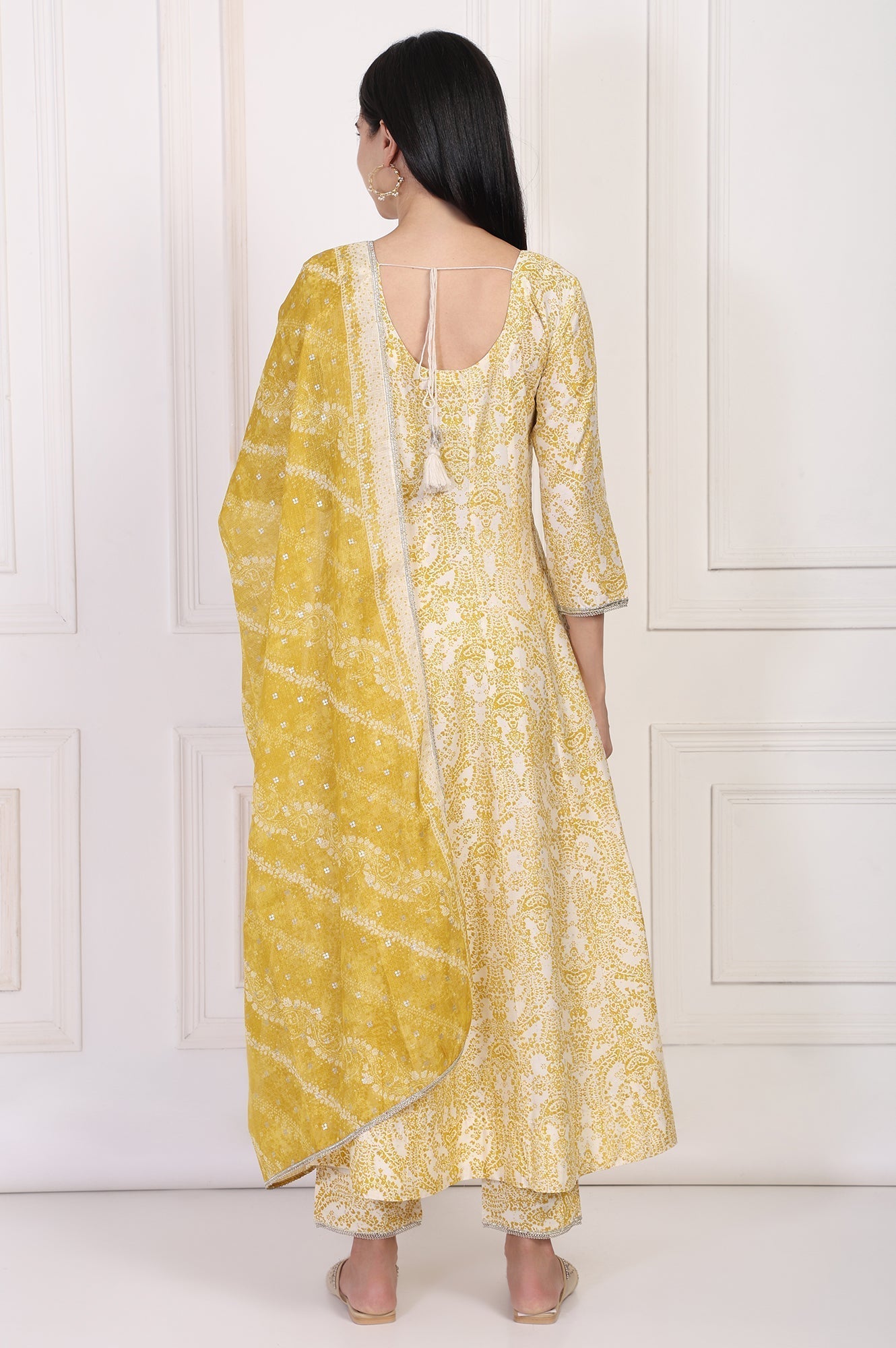 W for Woman Yellow Paisley Printed Embellished Anarkali Kurta with Straight Pant and Dupatta Set