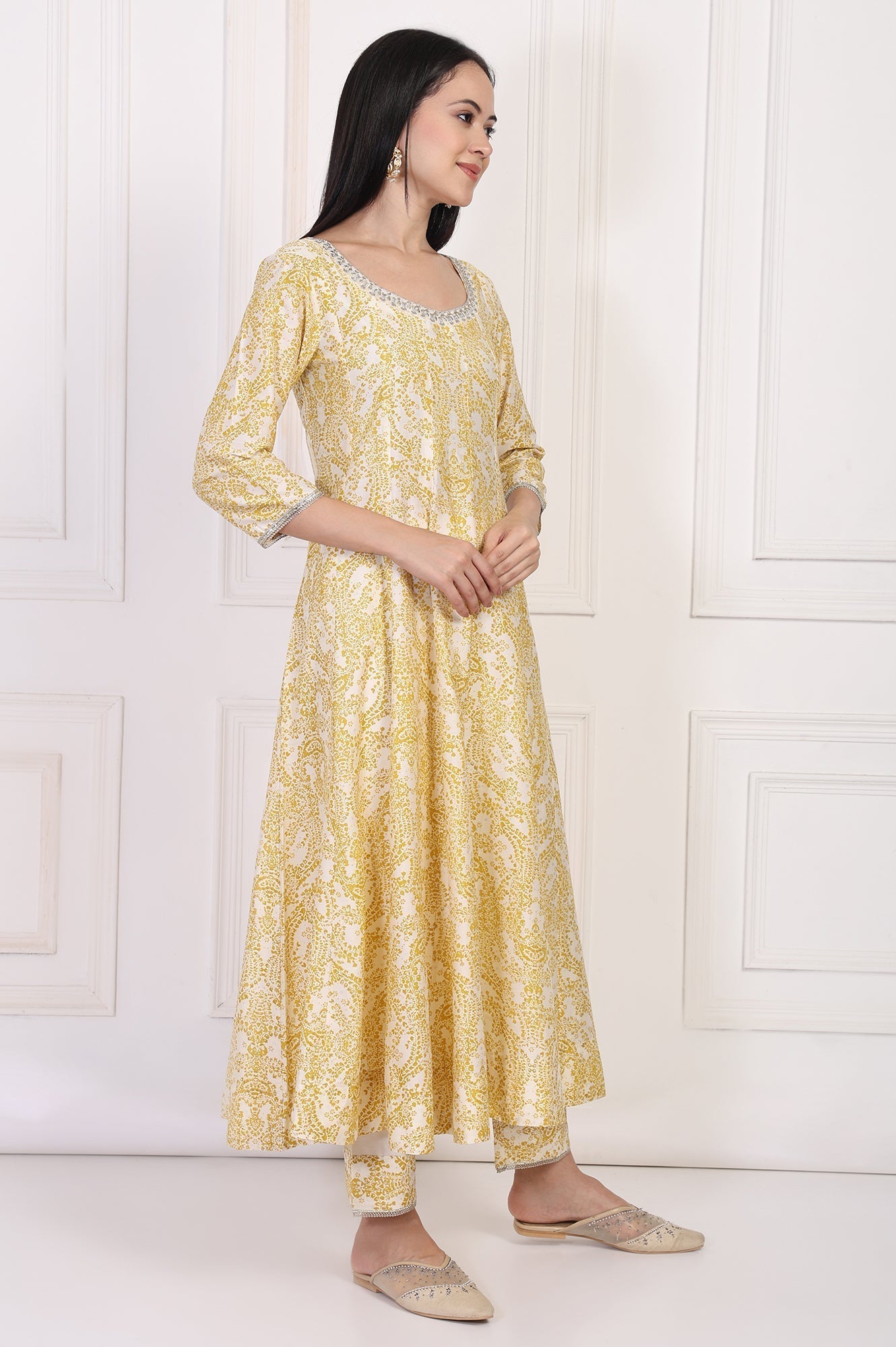 W for Woman Yellow Paisley Printed Embellished Anarkali Kurta with Straight Pant and Dupatta Set