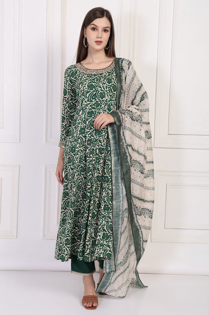 W for Woman Green Ethnic Motifs Printed Embellished Anarkali Kurta with Straight Pant and Dupatta Set