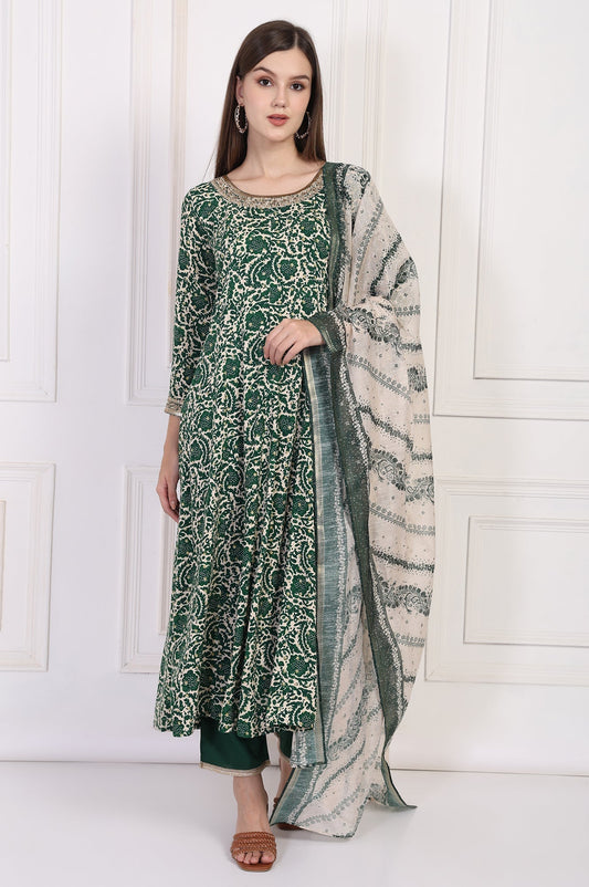 W for Woman Green Ethnic Motifs Printed Embellished Anarkali Kurta with Straight Pant and Dupatta Set