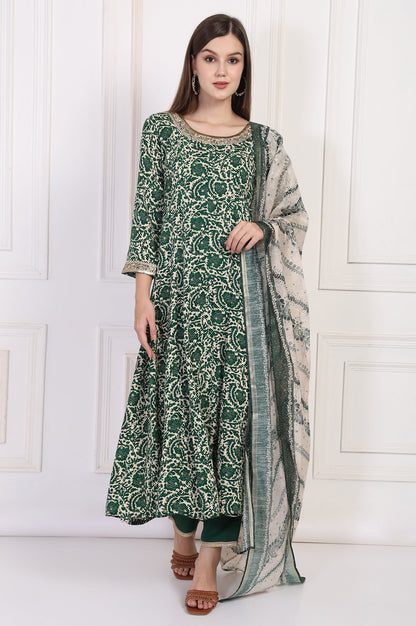 W for Woman Green Ethnic Motifs Printed Embellished Anarkali Kurta with Straight Pant and Dupatta Set