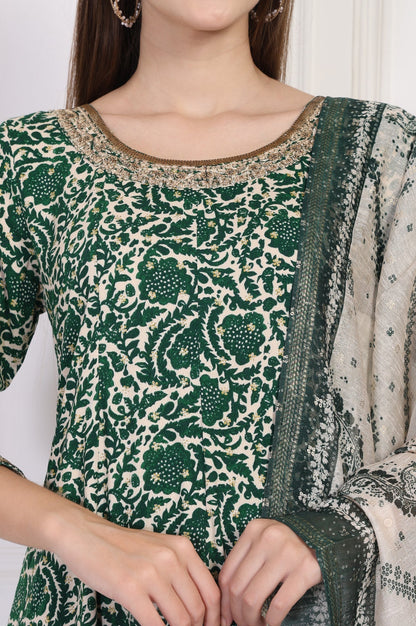 W for Woman Green Ethnic Motifs Printed Embellished Anarkali Kurta with Straight Pant and Dupatta Set