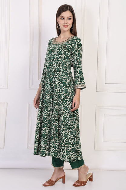 W for Woman Green Ethnic Motifs Printed Embellished Anarkali Kurta with Straight Pant and Dupatta Set