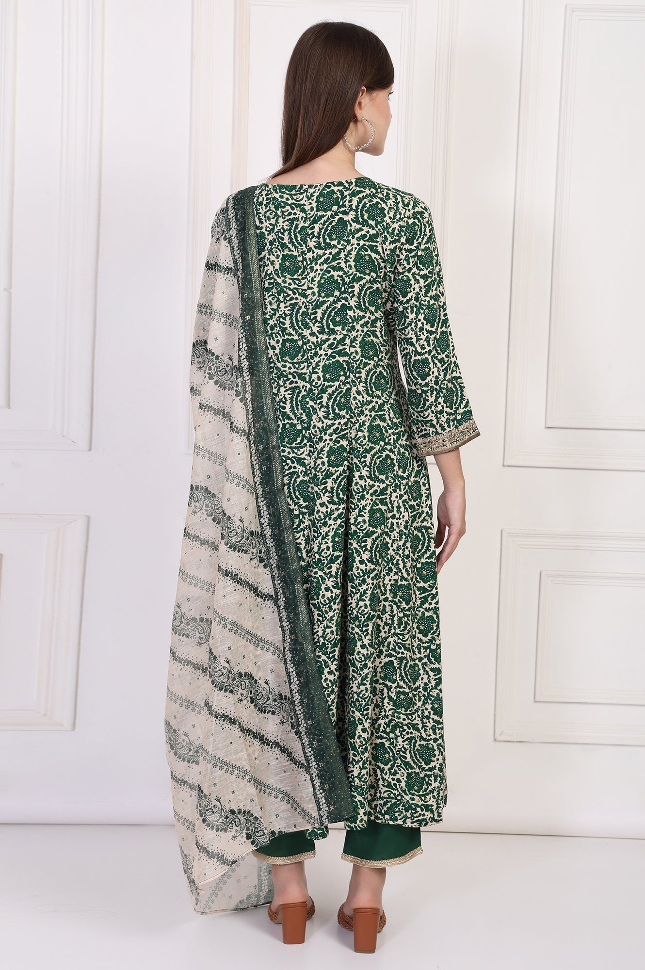W for Woman Green Ethnic Motifs Printed Embellished Anarkali Kurta with Straight Pant and Dupatta Set
