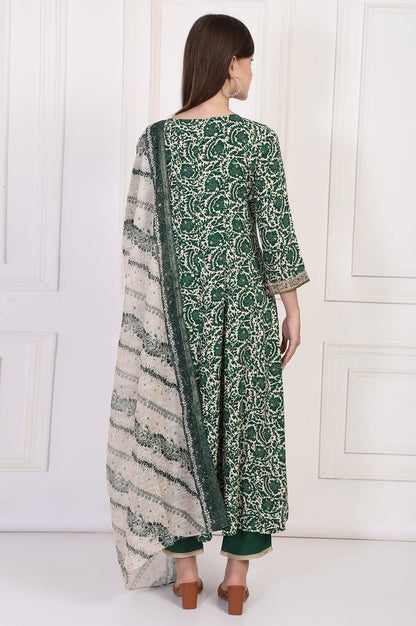 W for Woman Green Ethnic Motifs Printed Embellished Anarkali Kurta with Straight Pant and Dupatta Set
