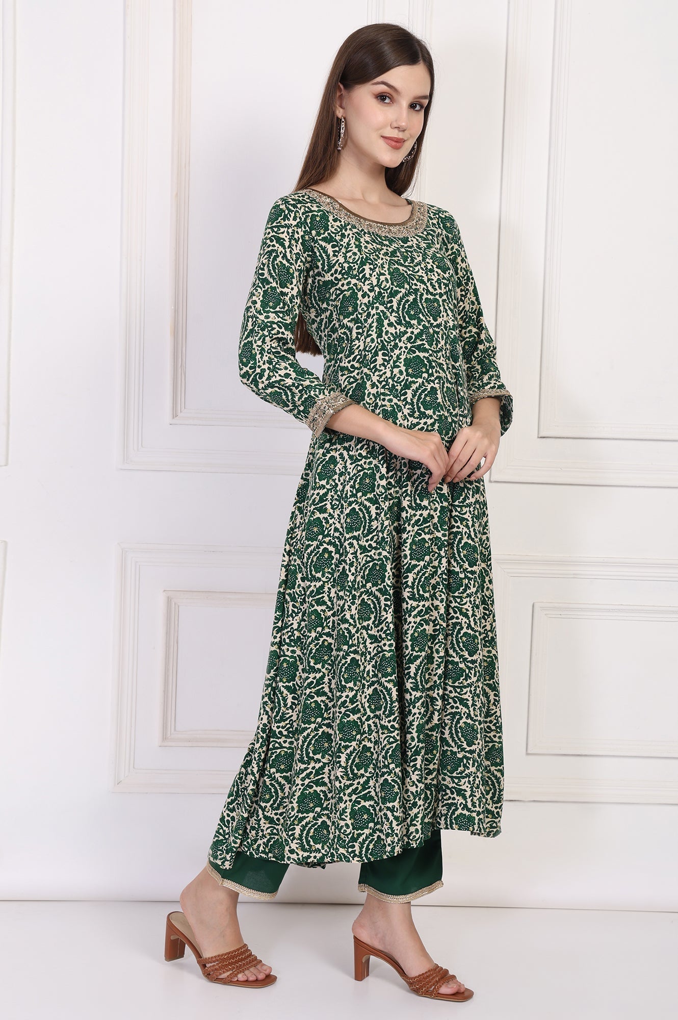 W for Woman Green Ethnic Motifs Printed Embellished Anarkali Kurta with Straight Pant and Dupatta Set