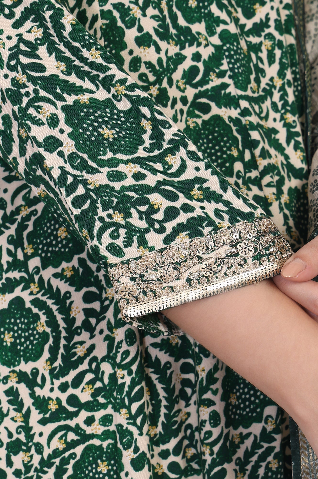 W for Woman Green Ethnic Motifs Printed Embellished Anarkali Kurta with Straight Pant and Dupatta Set