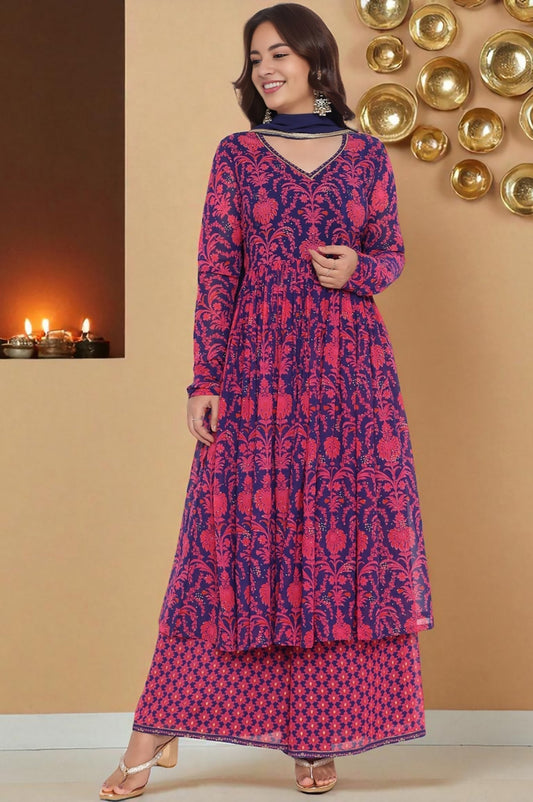 W for Woman Pink Printed Georgette Flared Kurta, Flared Pant and Dupatta Set