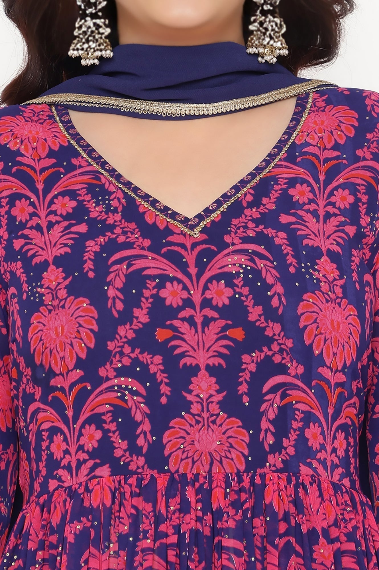 W for Woman Pink Printed Georgette Flared Kurta, Flared Pant and Dupatta Set