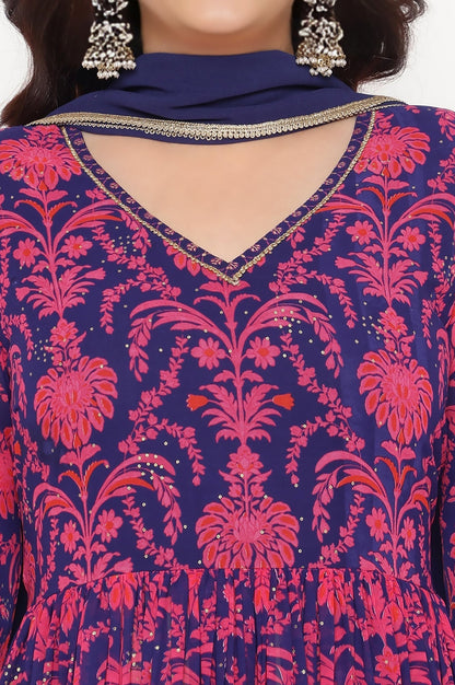 W for Woman Pink Printed Georgette Flared Kurta, Flared Pant and Dupatta Set