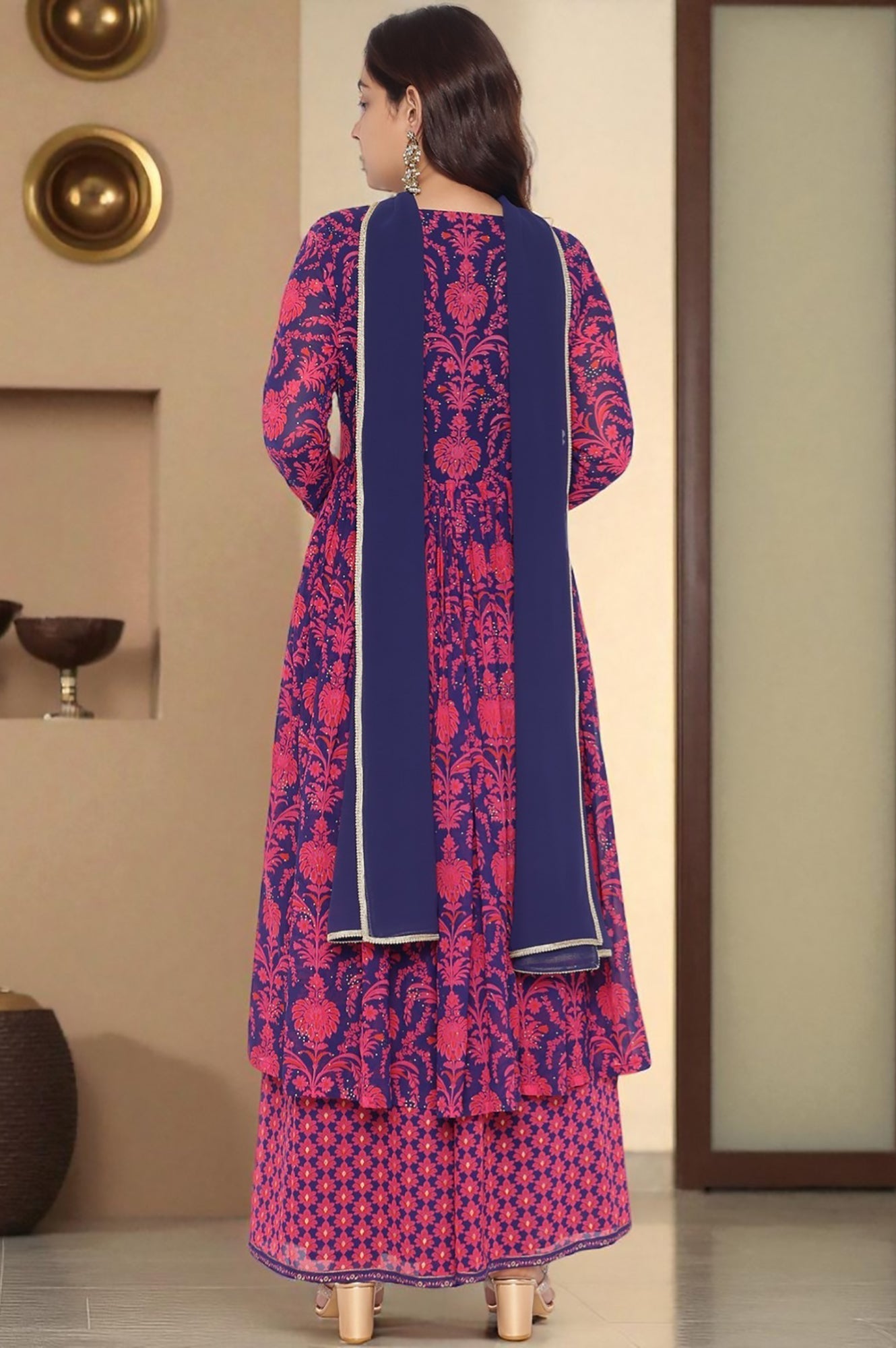 W for Woman Pink Printed Georgette Flared Kurta, Flared Pant and Dupatta Set