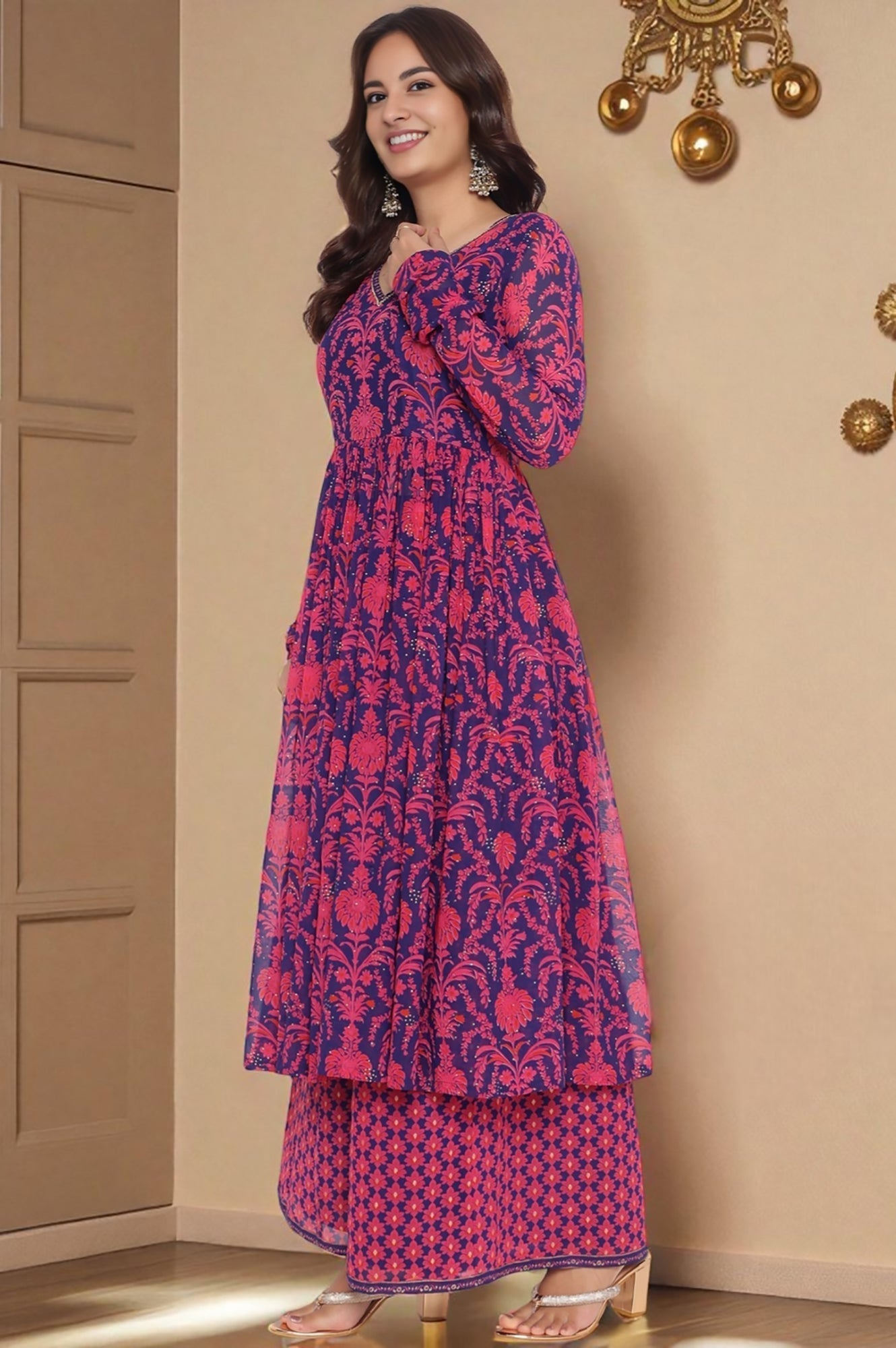 W for Woman Pink Printed Georgette Flared Kurta, Flared Pant and Dupatta Set