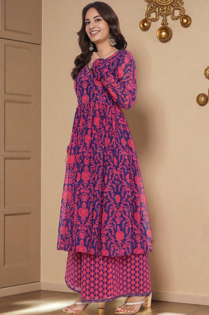 W for Woman Pink Printed Georgette Flared Kurta, Flared Pant and Dupatta Set