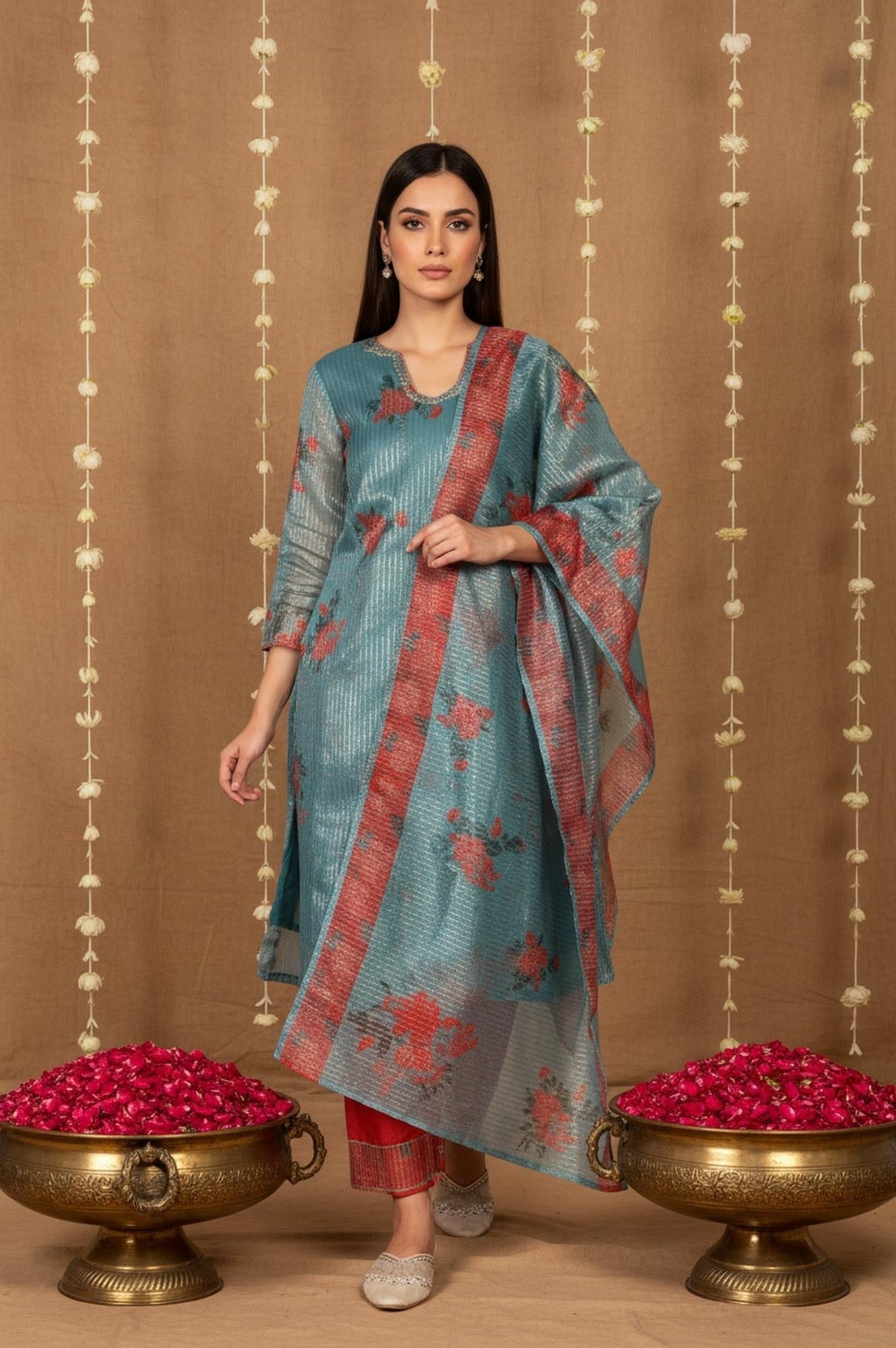W for Woman Teal Floral Printed Embroidered Neck Straight Lurex Kurta with Straight Pant and Dupatta Set
