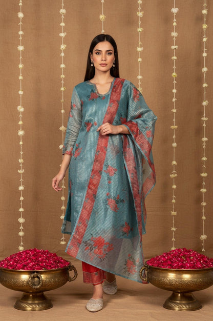 W for Woman Teal Floral Printed Embroidered Neck Straight Lurex Kurta with Straight Pant and Dupatta Set