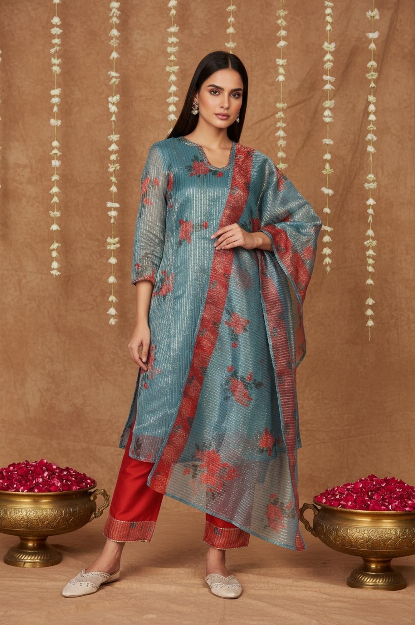 W for Woman Teal Floral Printed Embroidered Neck Straight Lurex Kurta with Straight Pant and Dupatta Set