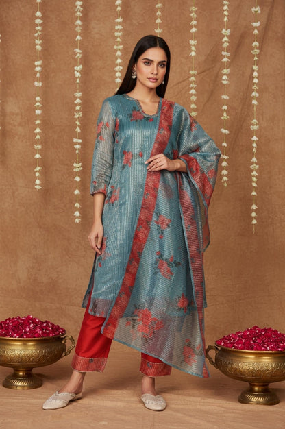 W for Woman Teal Floral Printed Embroidered Neck Straight Lurex Kurta with Straight Pant and Dupatta Set