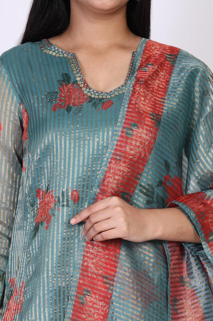W for Woman Teal Floral Printed Embroidered Neck Straight Lurex Kurta with Straight Pant and Dupatta Set