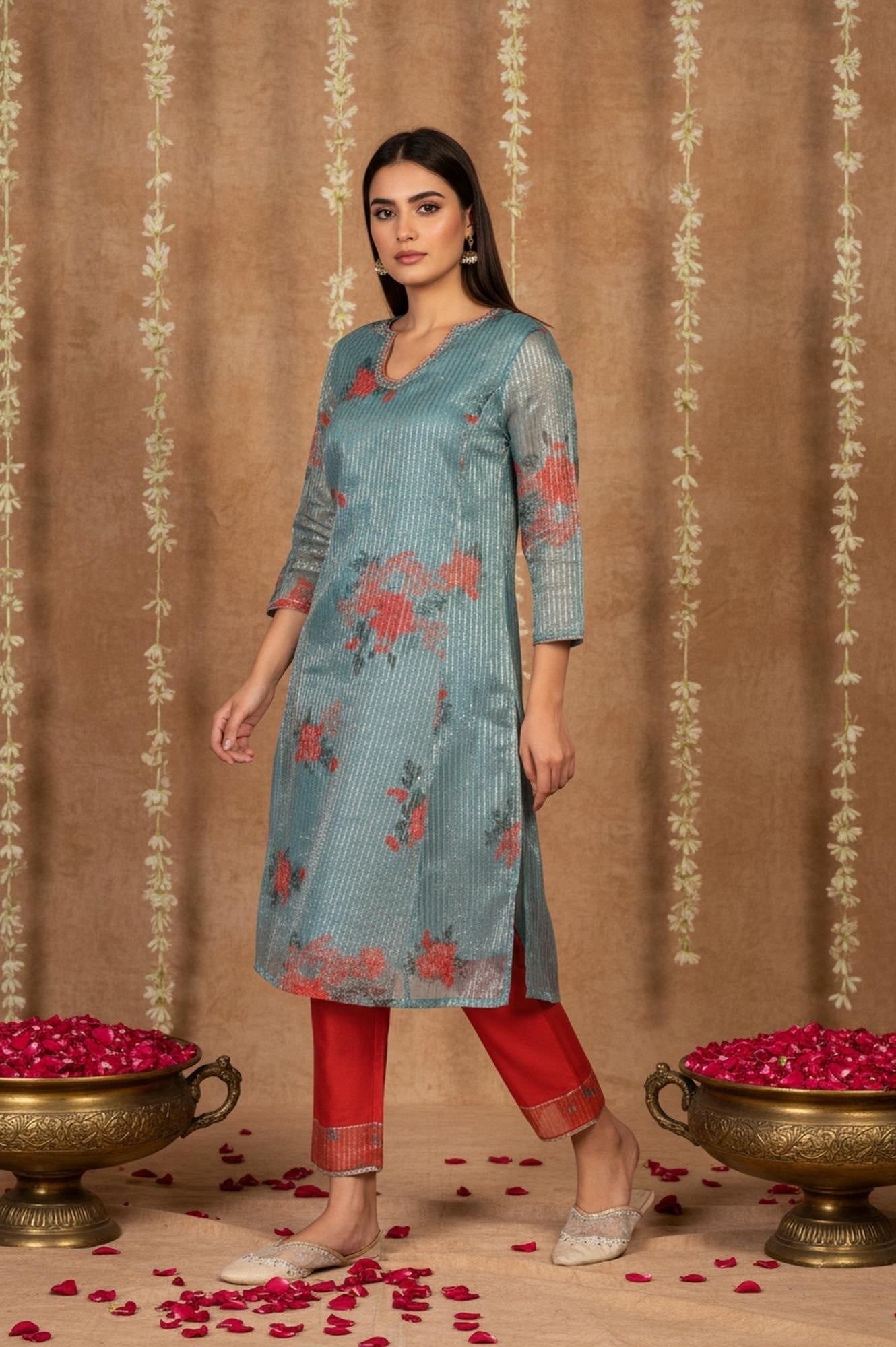 W for Woman Teal Floral Printed Embroidered Neck Straight Lurex Kurta with Straight Pant and Dupatta Set