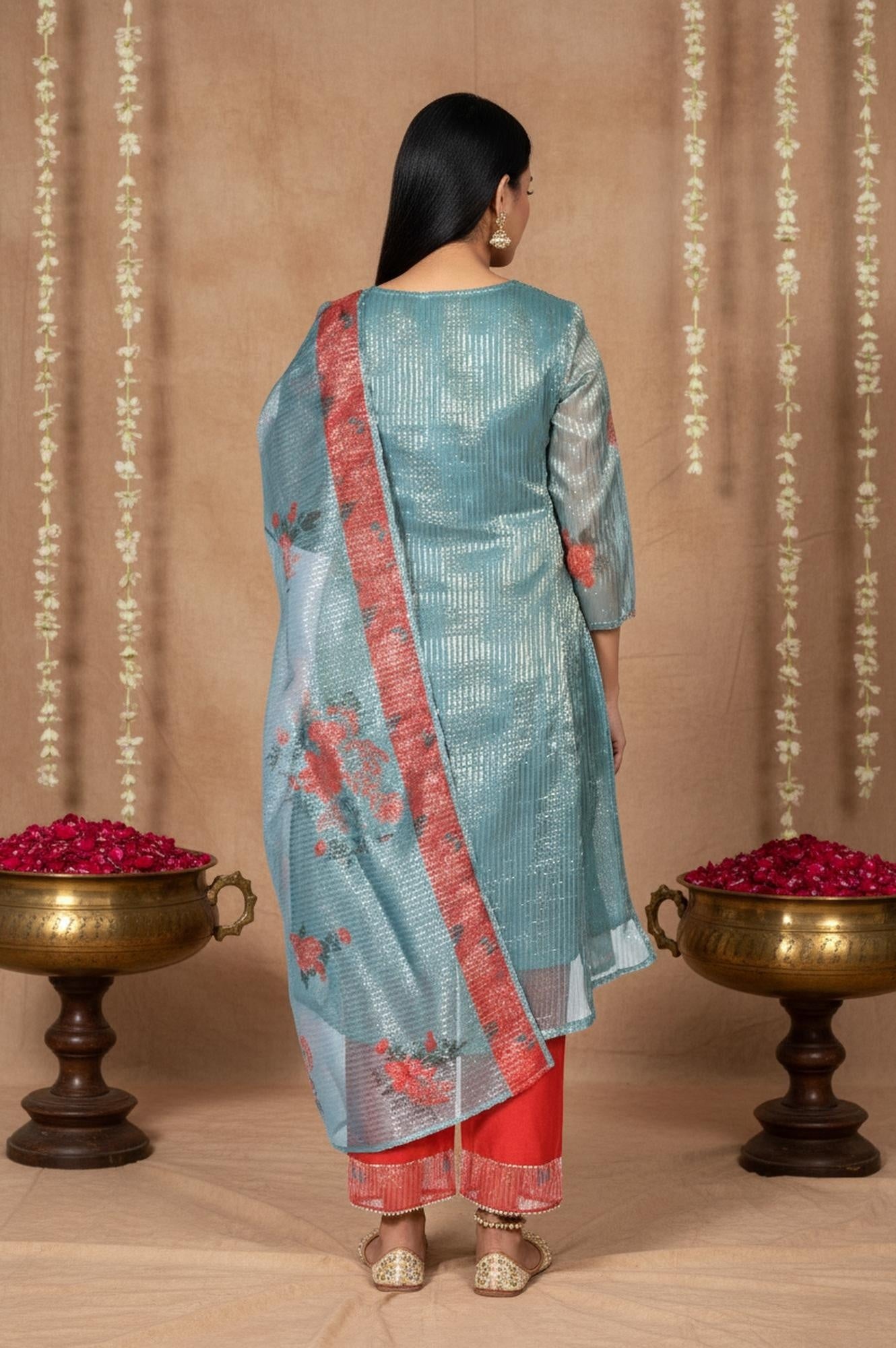W for Woman Teal Floral Printed Embroidered Neck Straight Lurex Kurta with Straight Pant and Dupatta Set