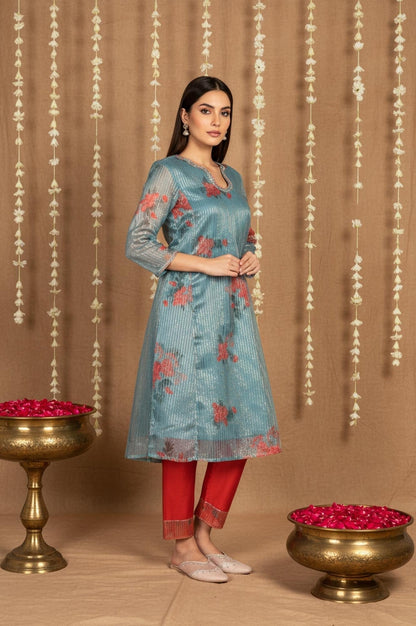 W for Woman Teal Floral Printed Embroidered Neck Straight Lurex Kurta with Straight Pant and Dupatta Set