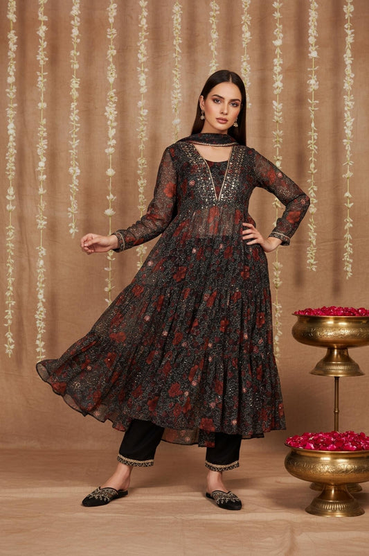 W for Woman Black Floral Embroidered Anarkali Chiffon Kurta with Straight Pant Set