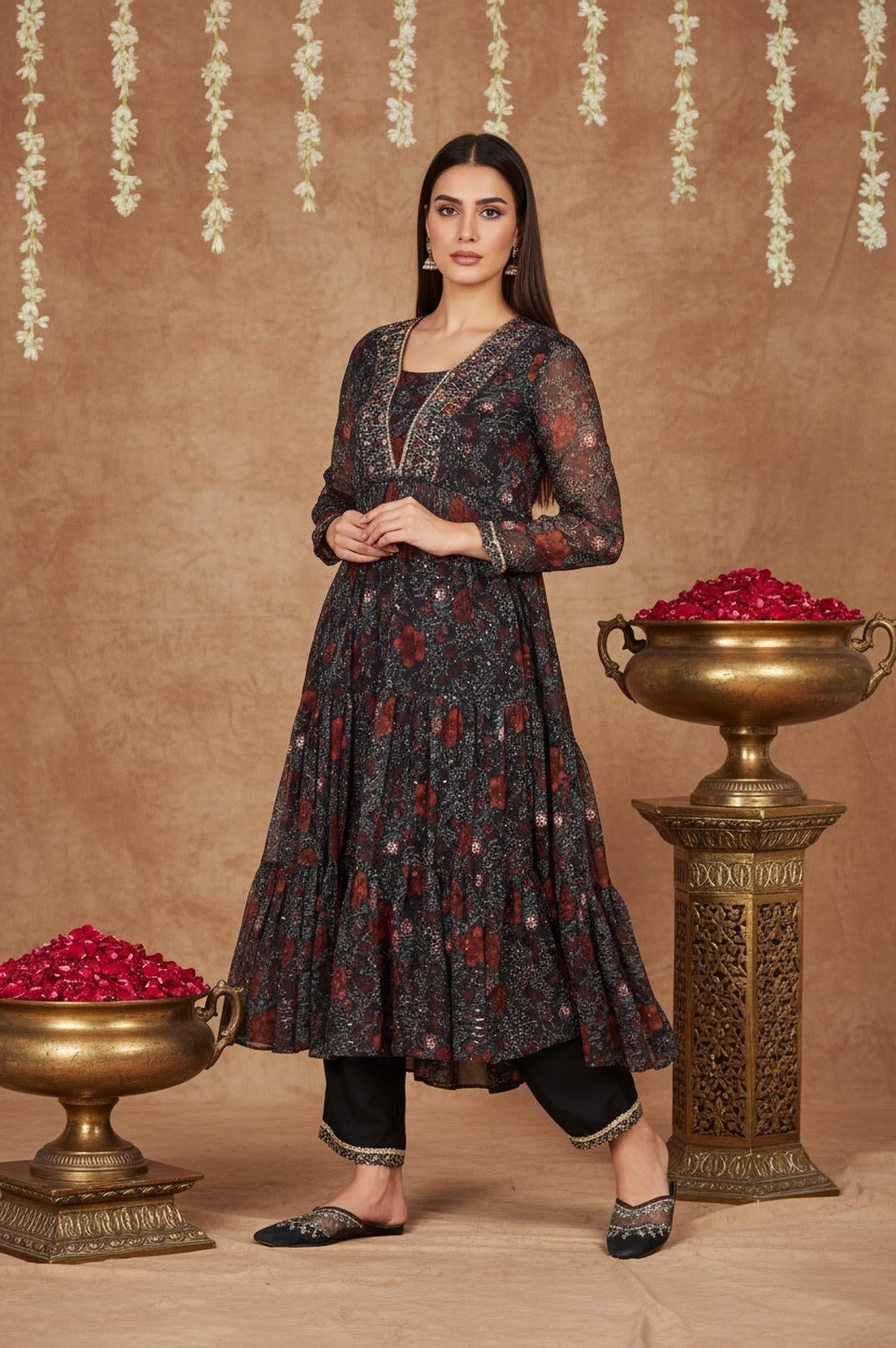 W for Woman Black Floral Embroidered Anarkali Chiffon Kurta with Straight Pant Set