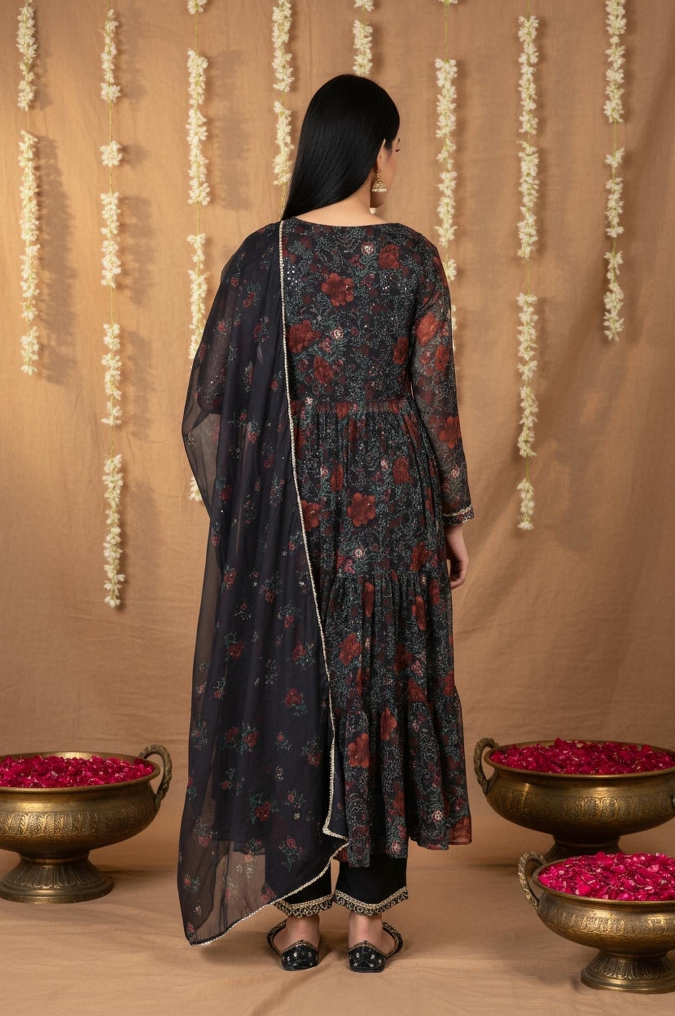 W for Woman Black Floral Embroidered Anarkali Chiffon Kurta with Straight Pant Set
