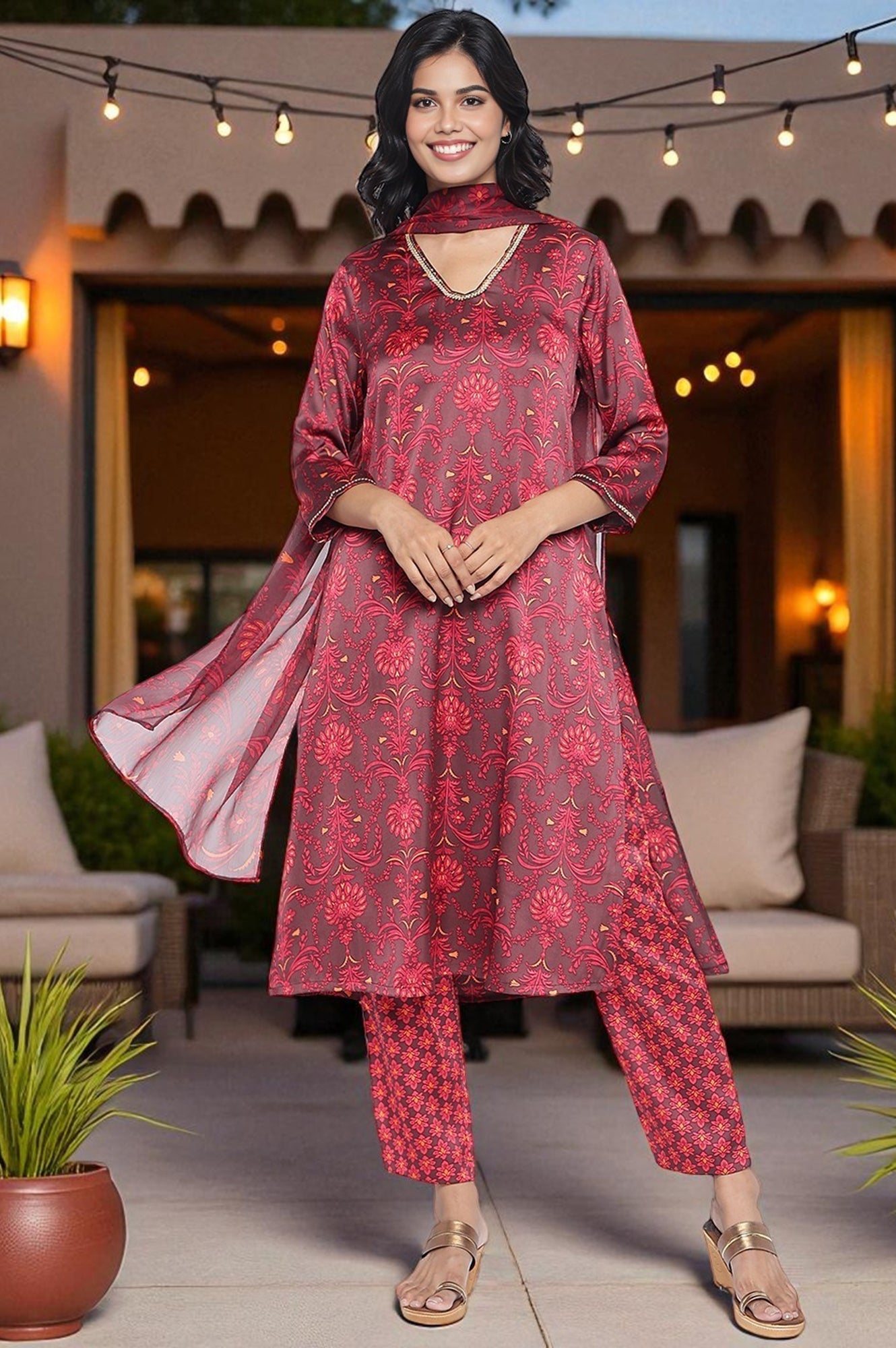 W for Woman Chocolate Brown Printed Japanese Satin A-Line Kurta, Straight Pant and Dupatta Set