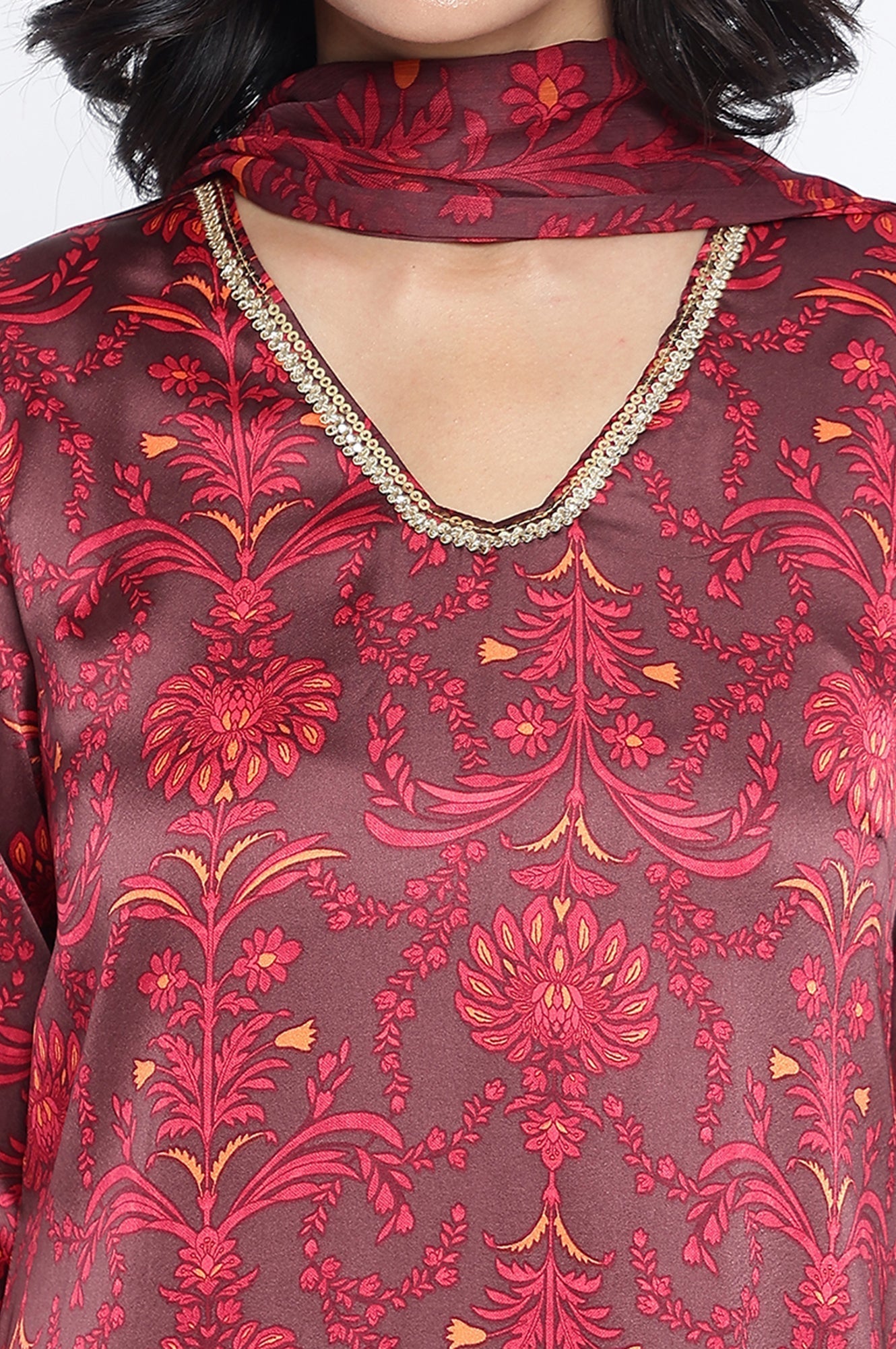 W for Woman Chocolate Brown Printed Japanese Satin A-Line Kurta, Straight Pant and Dupatta Set