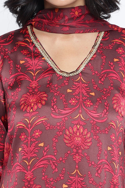 W for Woman Chocolate Brown Printed Japanese Satin A-Line Kurta, Straight Pant and Dupatta Set