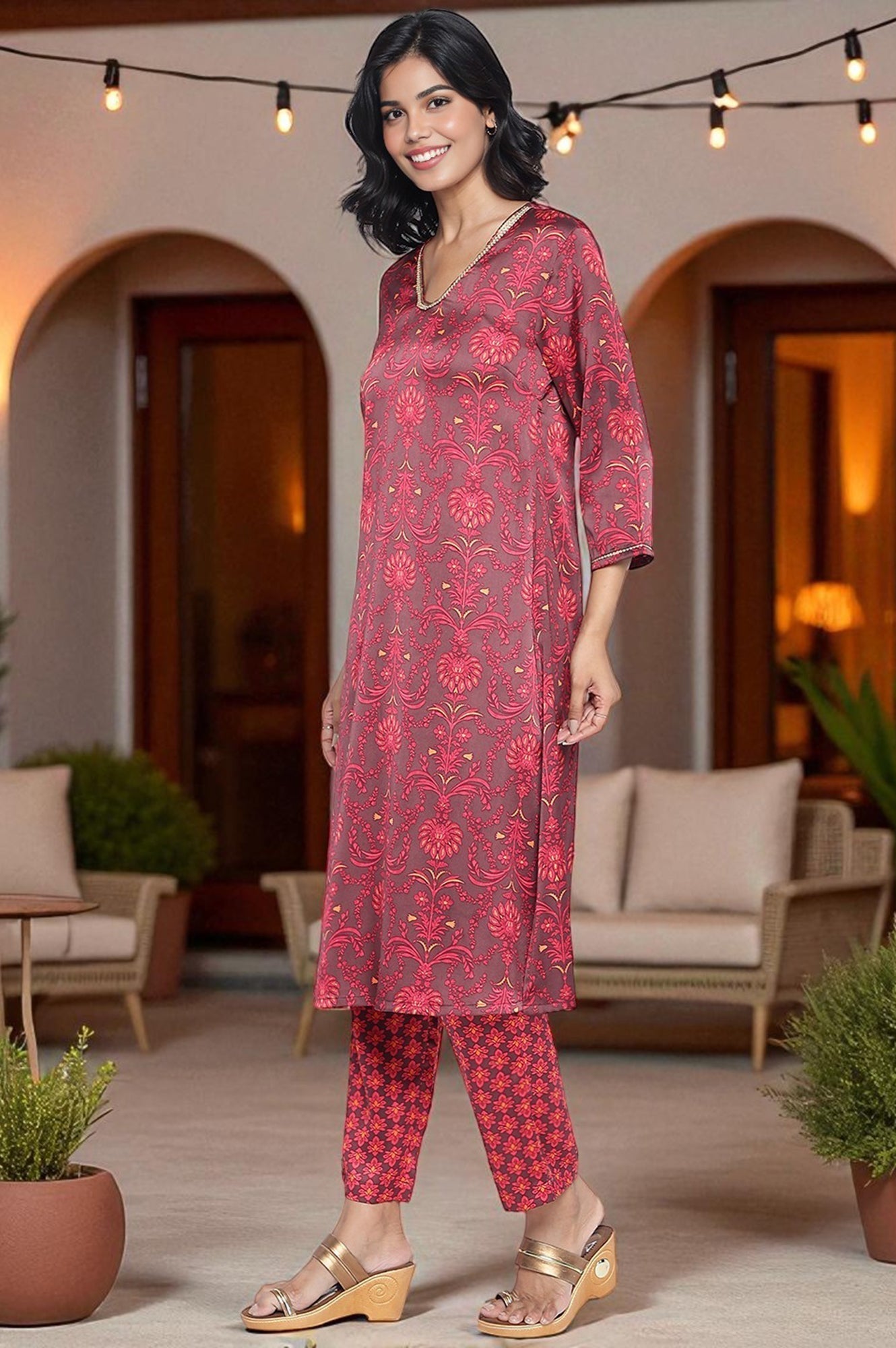 W for Woman Chocolate Brown Printed Japanese Satin A-Line Kurta, Straight Pant and Dupatta Set