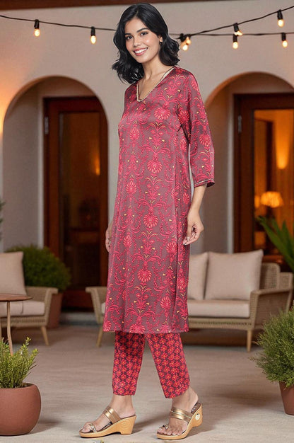 W for Woman Chocolate Brown Printed Japanese Satin A-Line Kurta, Straight Pant and Dupatta Set