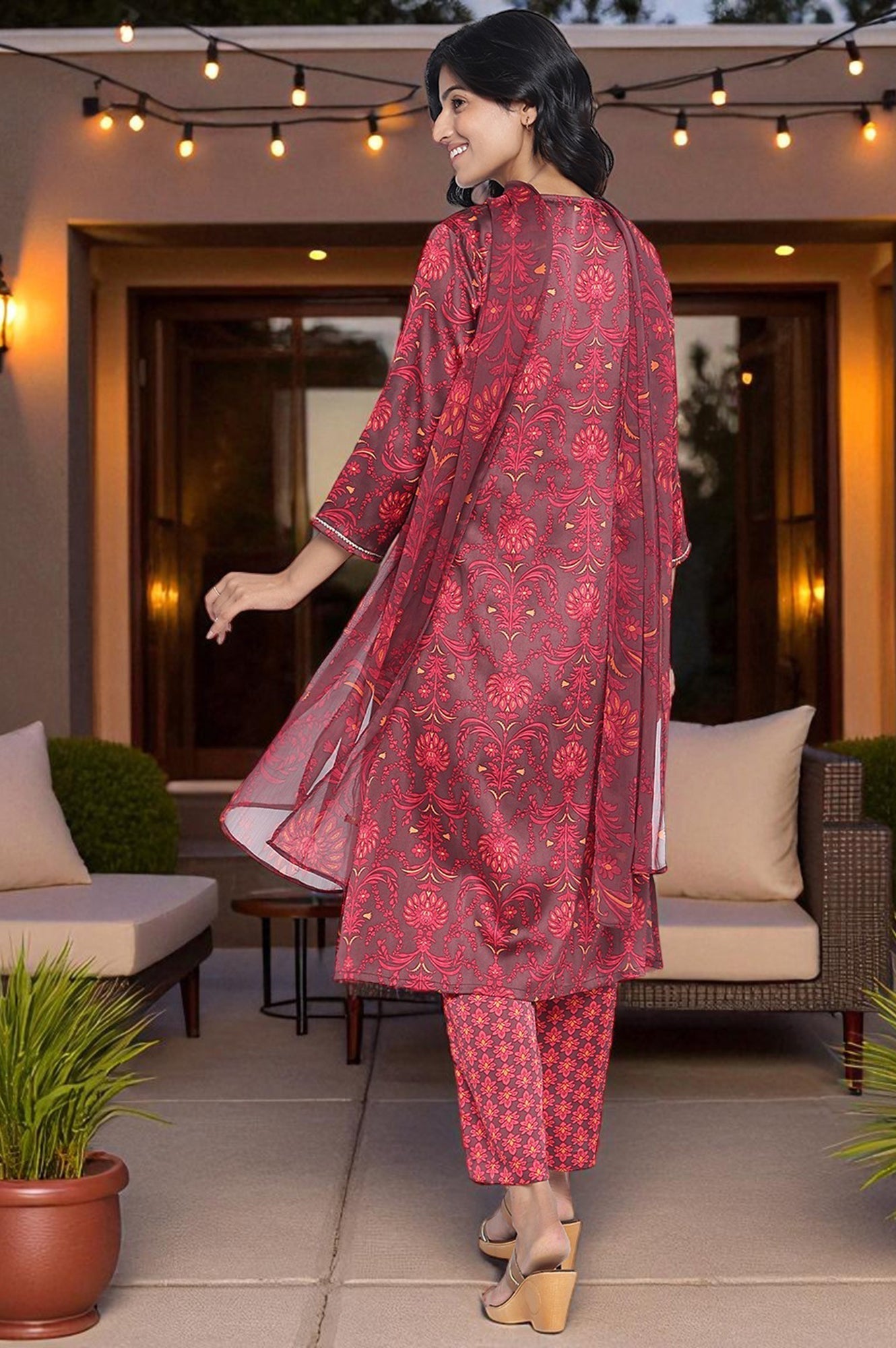 W for Woman Chocolate Brown Printed Japanese Satin A-Line Kurta, Straight Pant and Dupatta Set