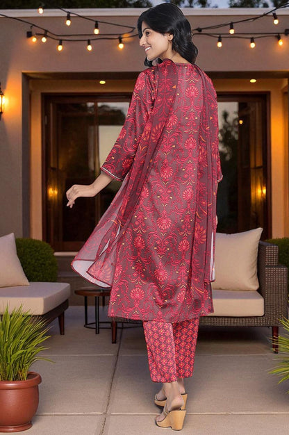 W for Woman Chocolate Brown Printed Japanese Satin A-Line Kurta, Straight Pant and Dupatta Set