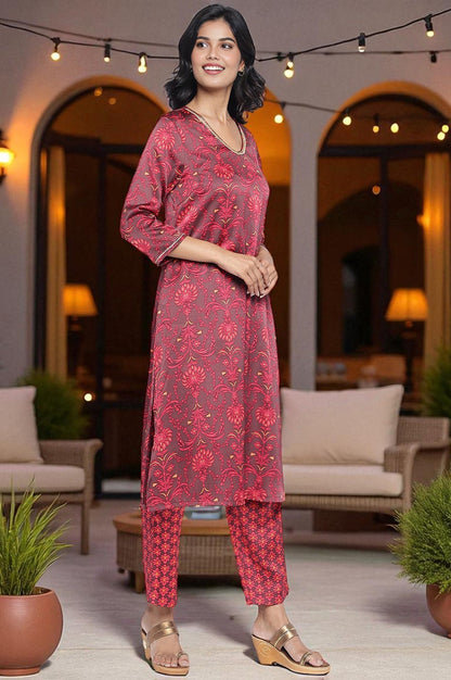 W for Woman Chocolate Brown Printed Japanese Satin A-Line Kurta, Straight Pant and Dupatta Set
