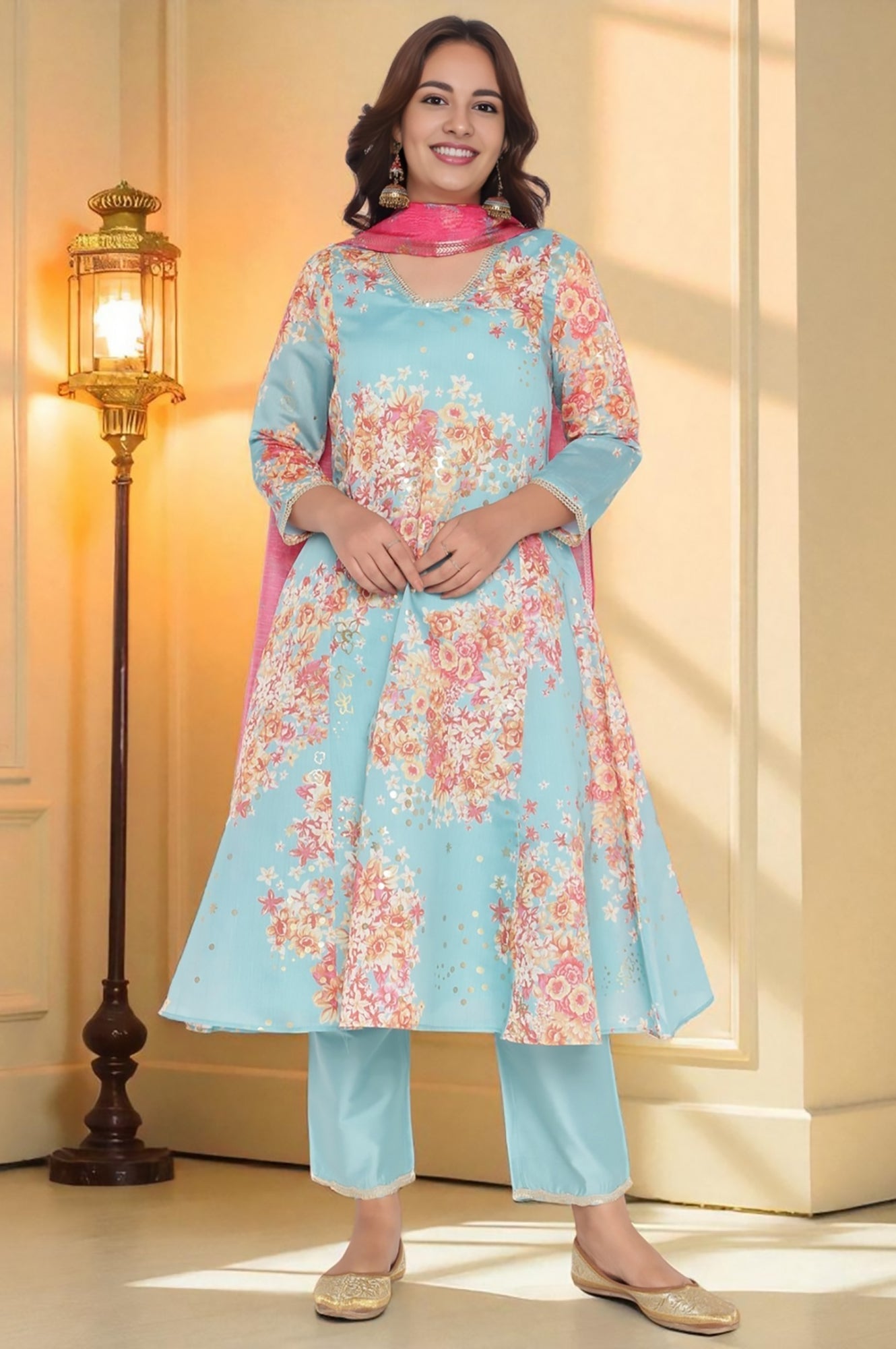 W for Woman Blue Printed Chanderi Flared Kurta, Straight Pant and Dupatta Set