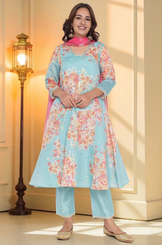 W for Woman Blue Printed Chanderi Flared Kurta, Straight Pant and Dupatta Set