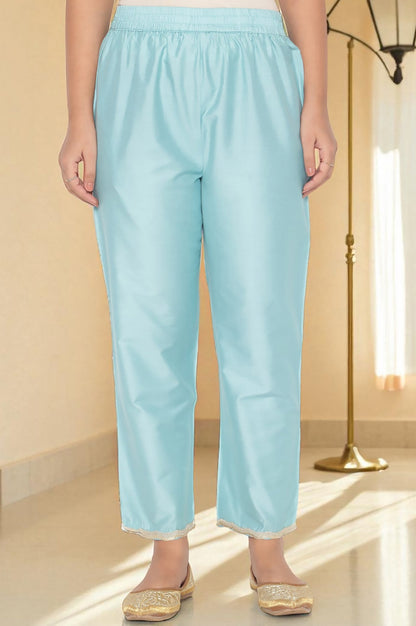 W for Woman Blue Printed Chanderi Flared Kurta, Straight Pant and Dupatta Set