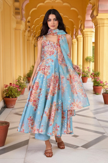 W for Woman Turquoise Blue Floral Print Sequined Flared Chanderi Kurta with Pant and Dupatta Set