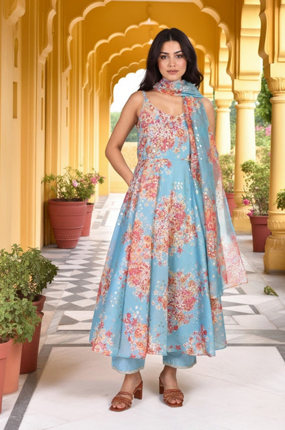 W for Woman Turquoise Blue Floral Print Sequined Flared Chanderi Kurta with Pant and Dupatta Set