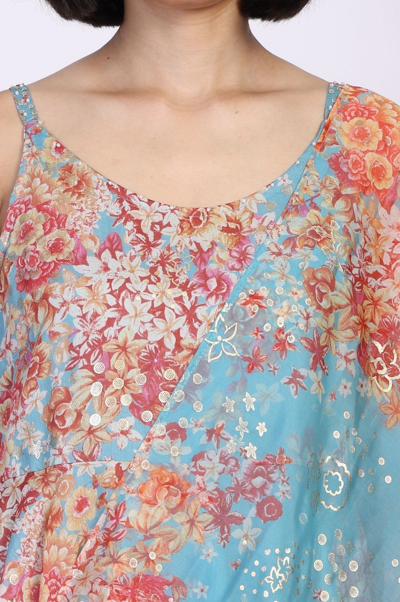 W for Woman Turquoise Blue Floral Print Sequined Flared Chanderi Kurta with Pant and Dupatta Set