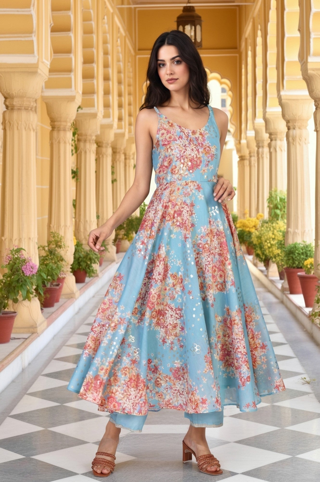 W for Woman Turquoise Blue Floral Print Sequined Flared Chanderi Kurta with Pant and Dupatta Set