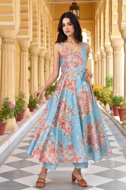 W for Woman Turquoise Blue Floral Print Sequined Flared Chanderi Kurta with Pant and Dupatta Set