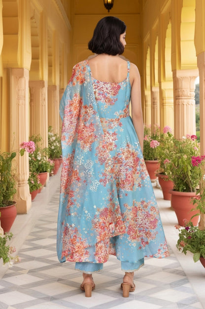 W for Woman Turquoise Blue Floral Print Sequined Flared Chanderi Kurta with Pant and Dupatta Set