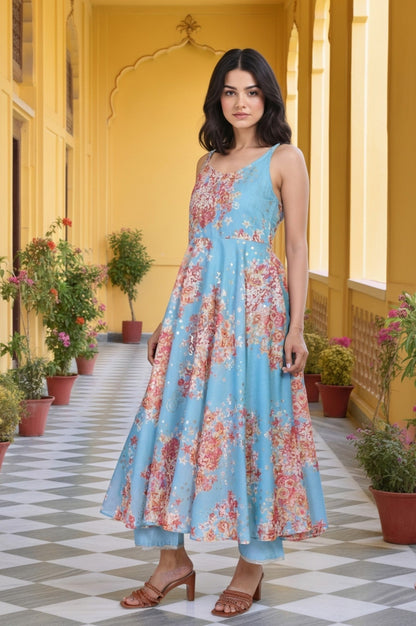 W for Woman Turquoise Blue Floral Print Sequined Flared Chanderi Kurta with Pant and Dupatta Set