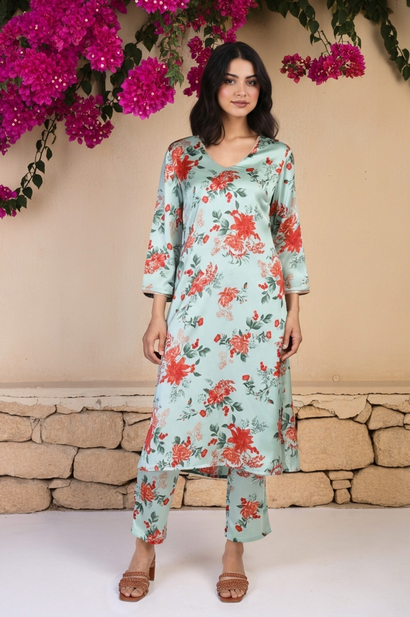 W for Woman Green Floral Print Sequined A-Line Satin Kurta with Straight Pant