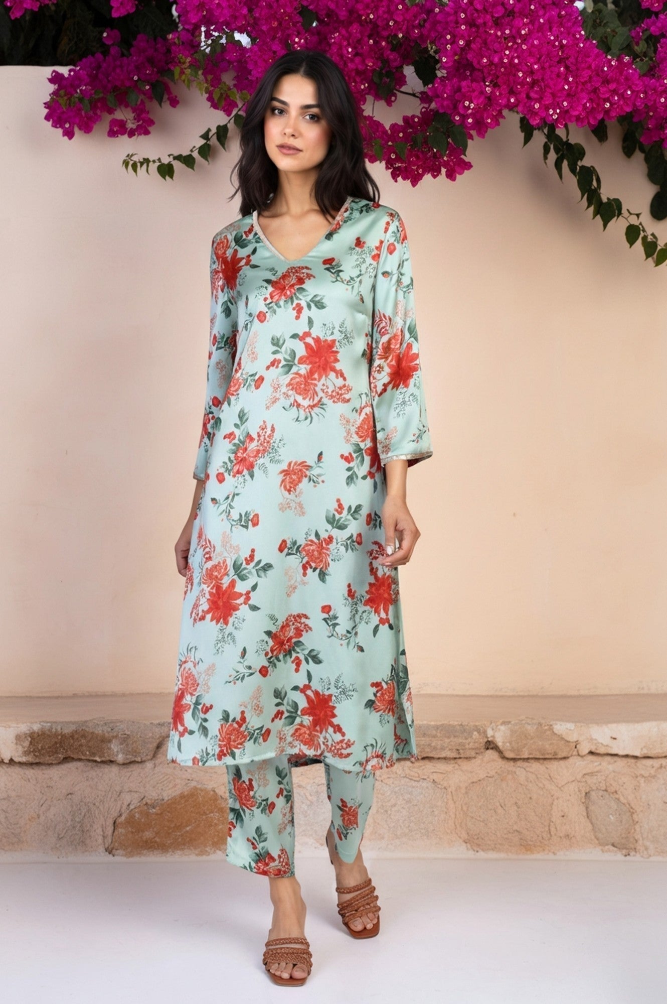 W for Woman Green Floral Print Sequined A-Line Satin Kurta with Straight Pant