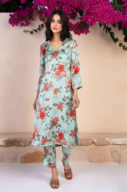 W for Woman Green Floral Print Sequined A-Line Satin Kurta with Straight Pant