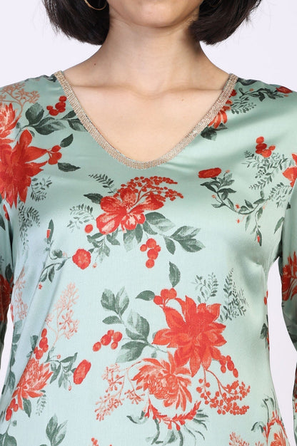 W for Woman Green Floral Print Sequined A-Line Satin Kurta with Straight Pant